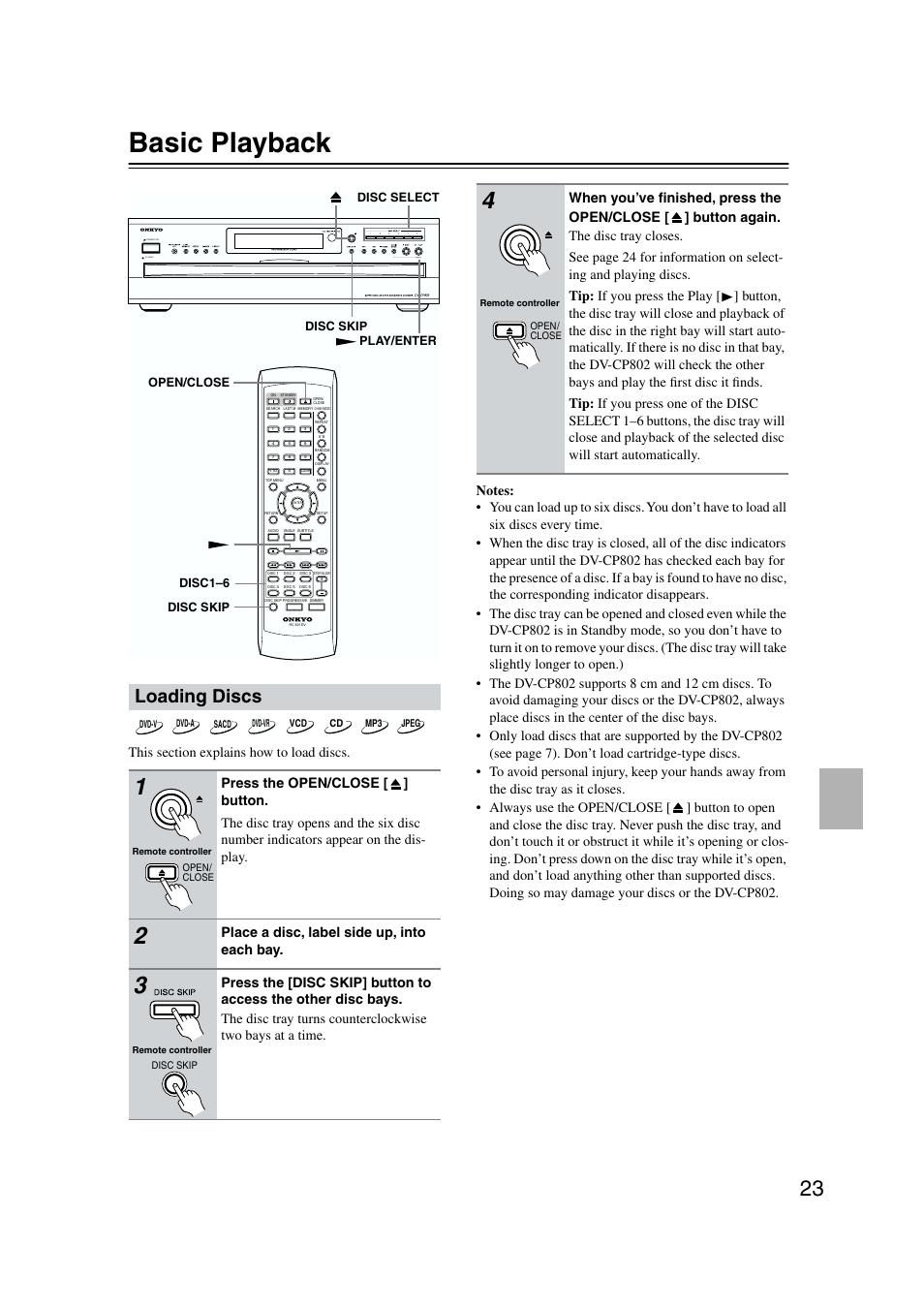 Basic playback, Loading discs, Place a disc, label side up, into each bay | Standby | Onkyo DV-CP802 User Manual | Page 23 / 69