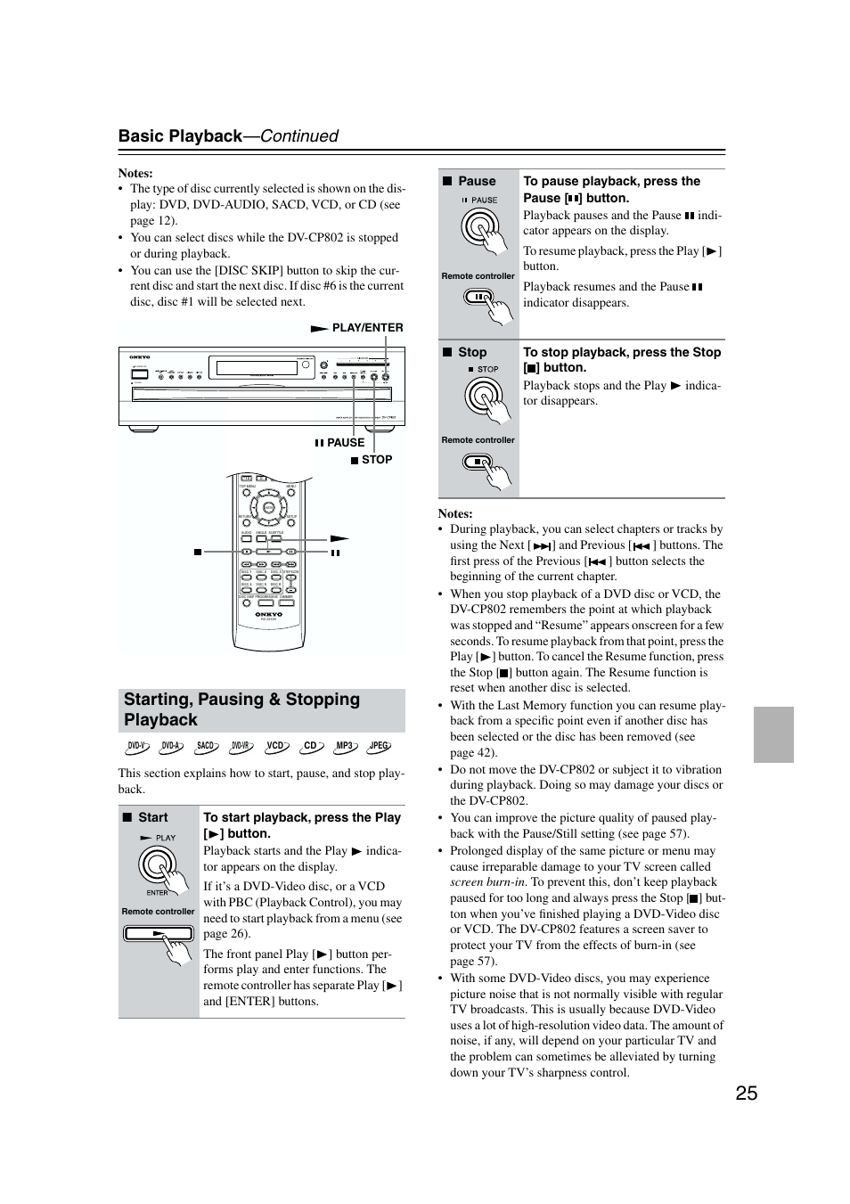 Starting / pausing / stopping playback, Basic playback —continued, Starting, pausing & stopping playback | Standby | Onkyo DV-CP802 User Manual | Page 25 / 69