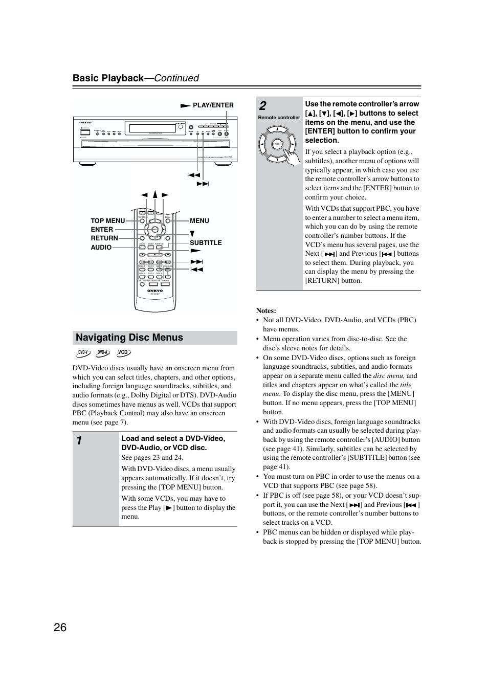 Navigating disc menus, Basic playback —continued, Standby | Onkyo DV-CP802 User Manual | Page 26 / 69