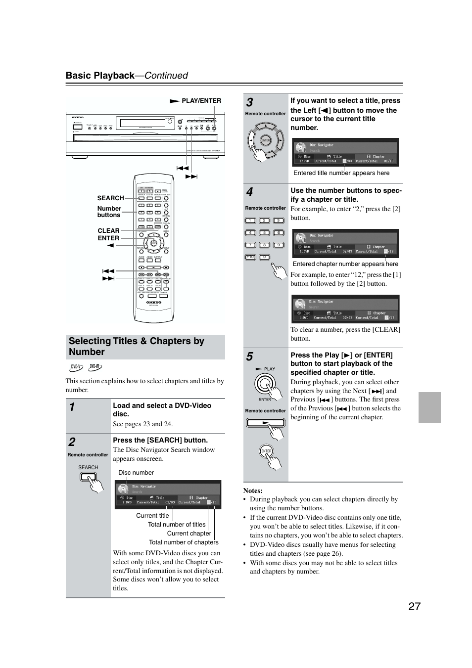 Selecting titles & chapters by number, Basic playback —continued, Standby | Onkyo DV-CP802 User Manual | Page 27 / 69