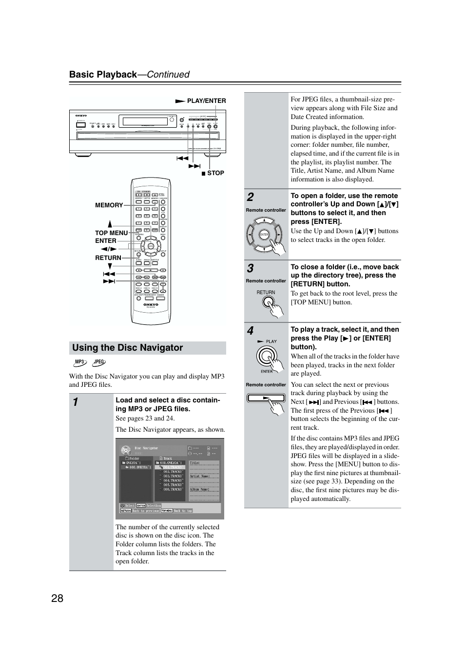 Using the disc navigator, Basic playback —continued, Standby | Onkyo DV-CP802 User Manual | Page 28 / 69
