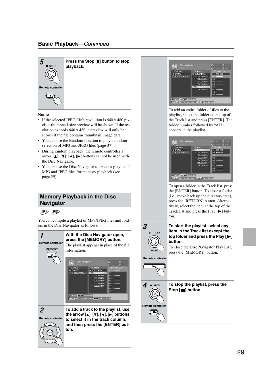 Memory playback in the disc navigator, Basic playback —continued | Onkyo DV-CP802 User Manual | Page 29 / 69
