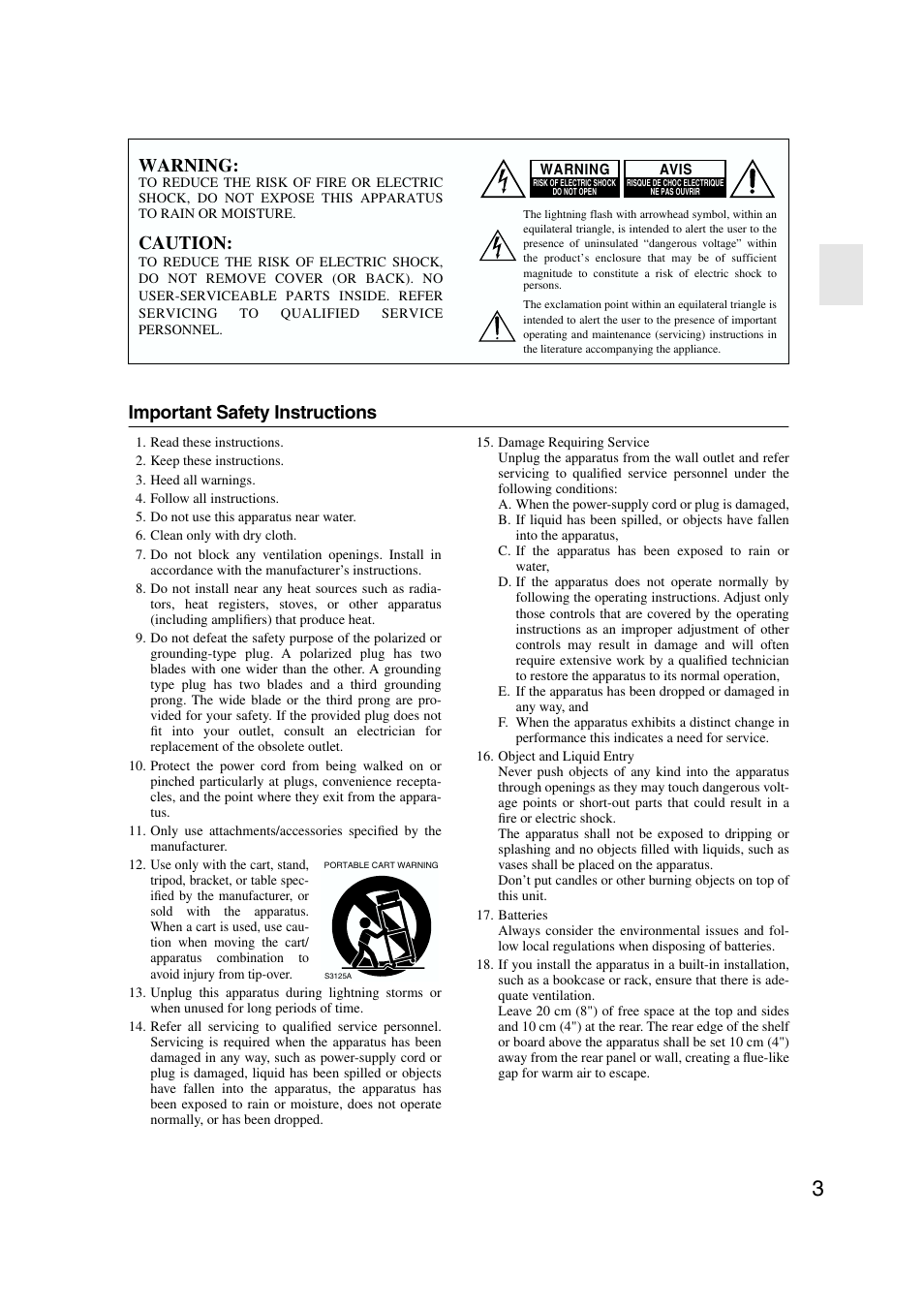 Important safety instructions, Warning, Caution | Onkyo DV-CP802 User Manual | Page 3 / 69