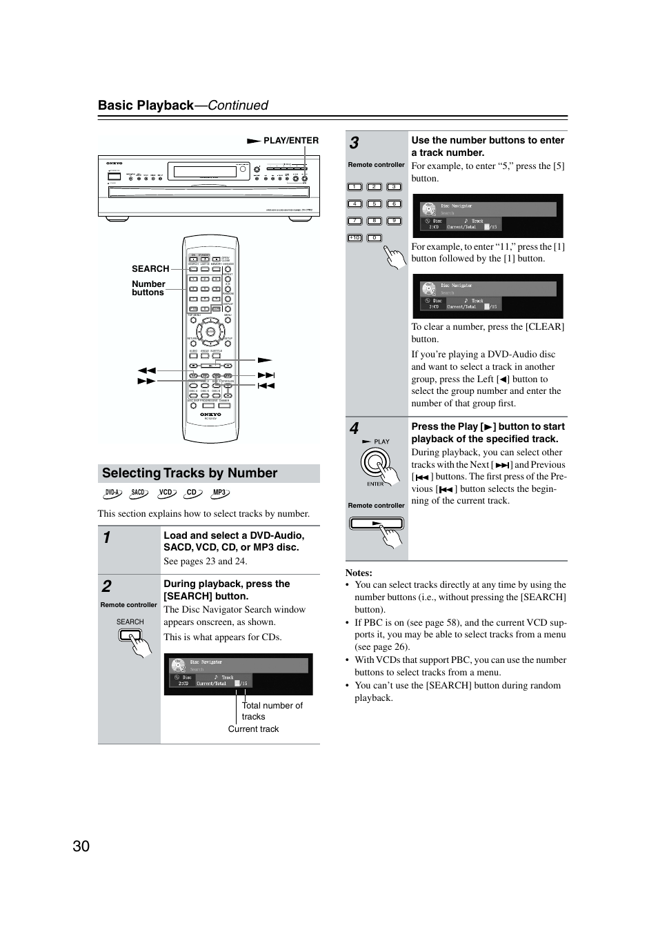 Selecting tracks by number, Basic playback —continued, Standby | Onkyo DV-CP802 User Manual | Page 30 / 69