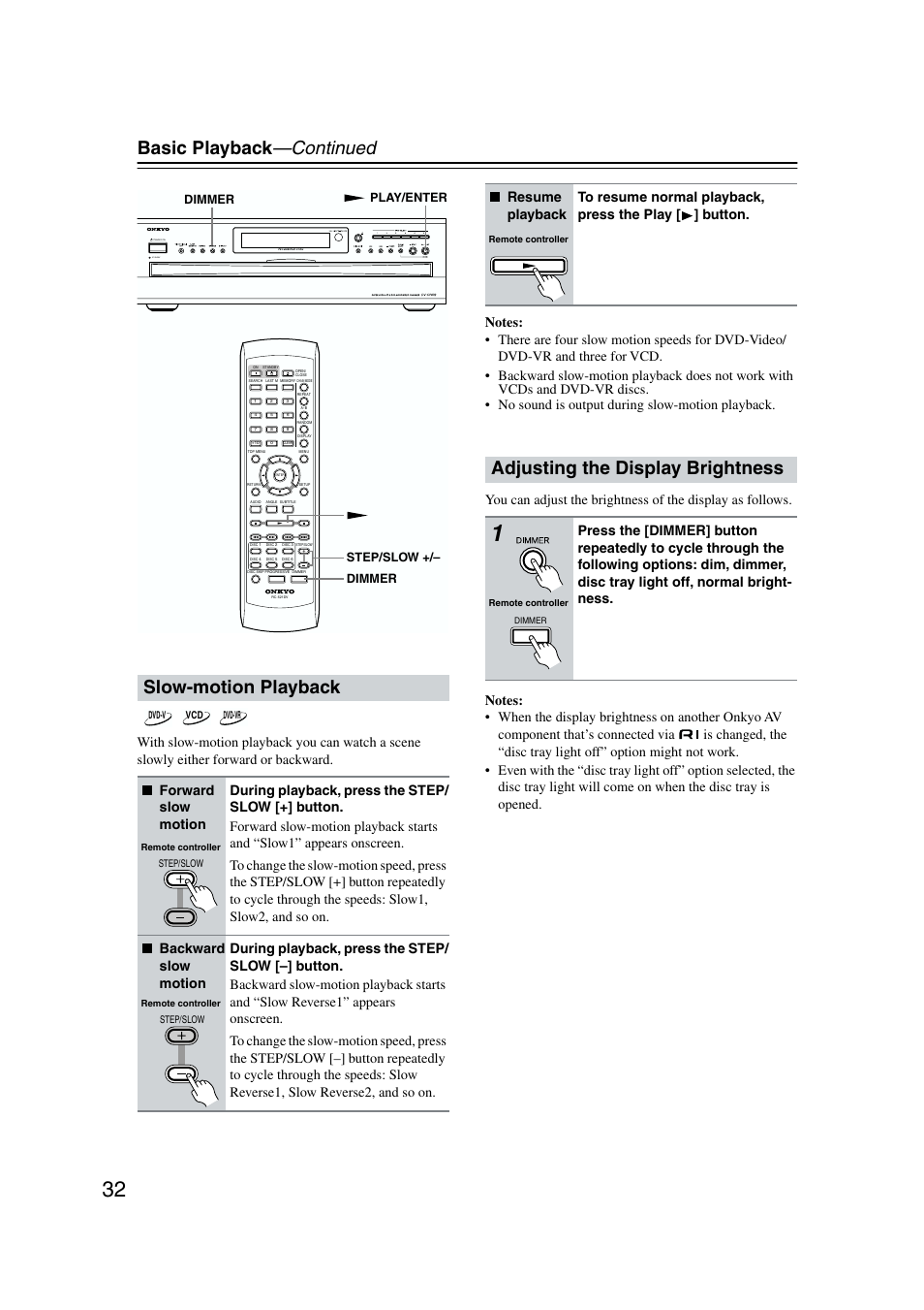 Slow motion playback, Display brightness, Basic playback —continued | Slow-motion playback, Adjusting the display brightness, Standby, Play/enter dimmer dimmer step/slow | Onkyo DV-CP802 User Manual | Page 32 / 69