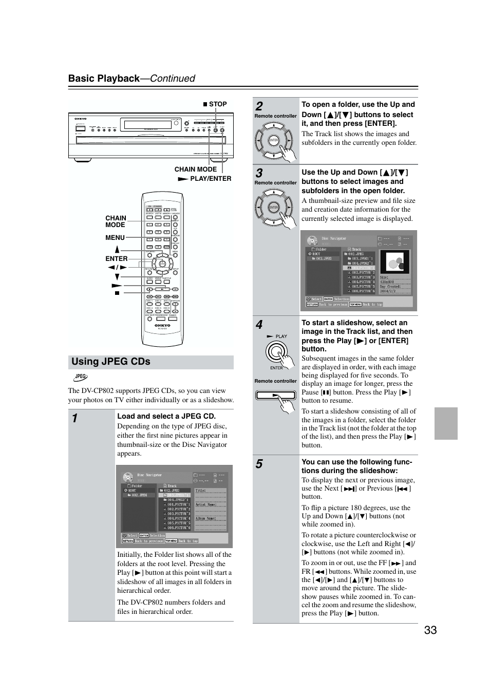 Jpeg cds, Basic playback —continued, Using jpeg cds | Standby | Onkyo DV-CP802 User Manual | Page 33 / 69