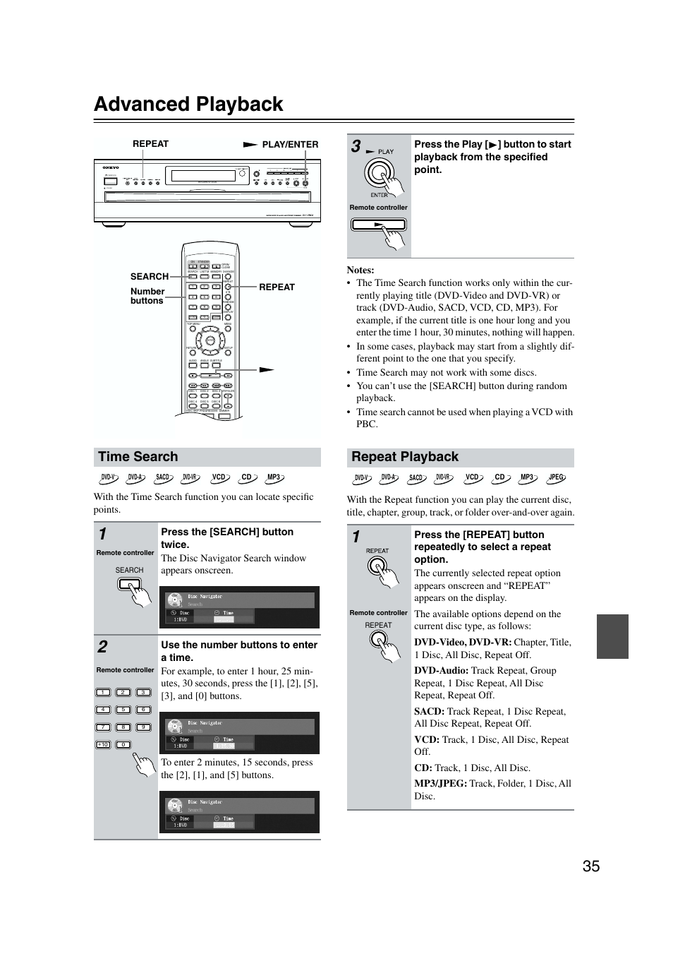 Advanced playback, Time search, Repeat playback | Standby | Onkyo DV-CP802 User Manual | Page 35 / 69