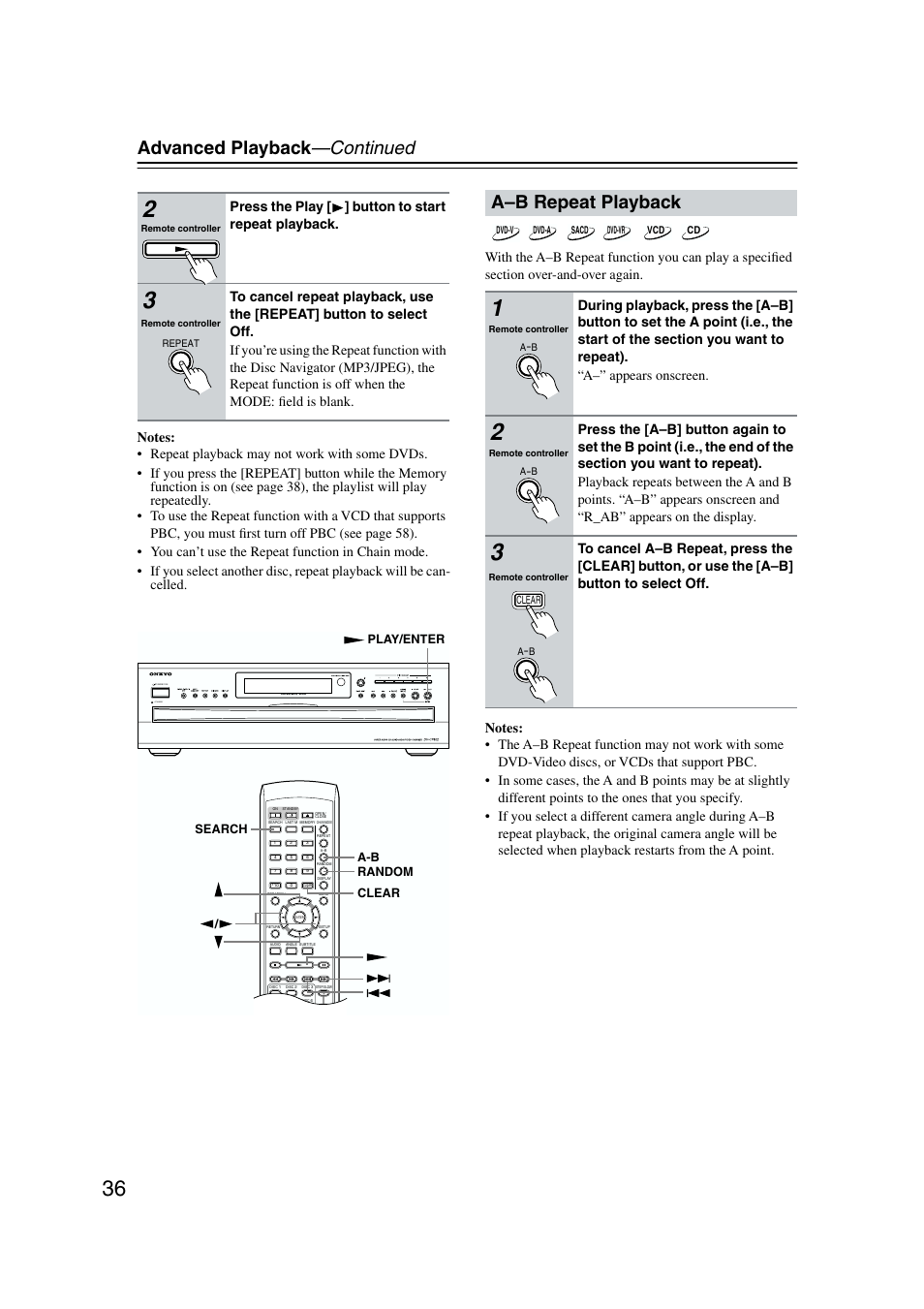 A–b repeat playback, Advanced playback —continued, Press the play [ ] button to start repeat playback | Standby | Onkyo DV-CP802 User Manual | Page 36 / 69