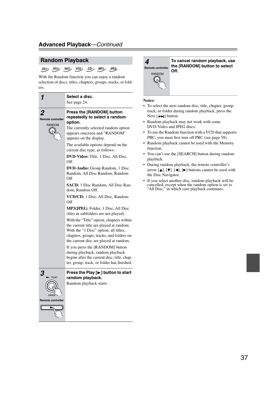 Random playback, Advanced playback —continued | Onkyo DV-CP802 User Manual | Page 37 / 69