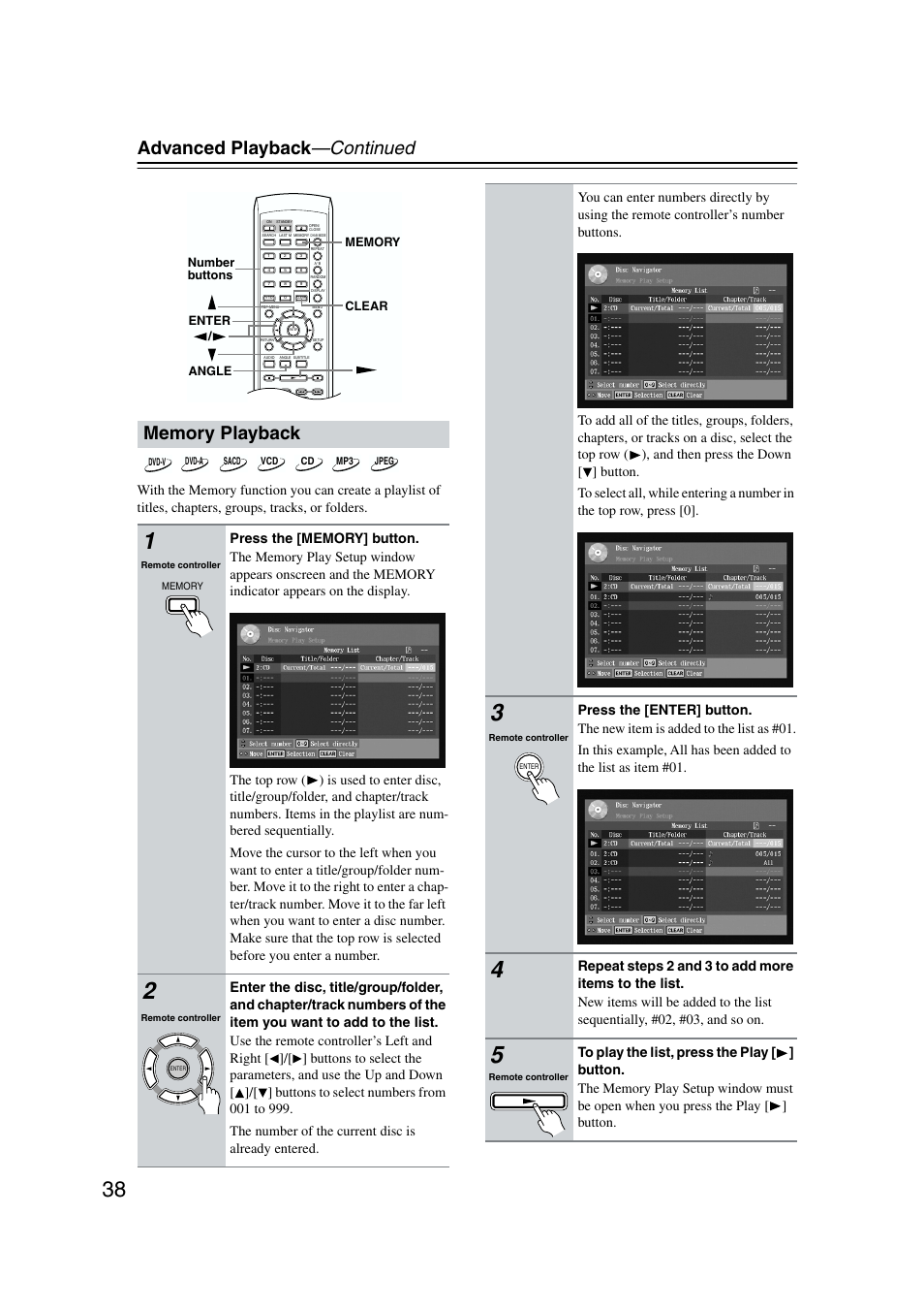 Memory playback, Advanced playback —continued | Onkyo DV-CP802 User Manual | Page 38 / 69