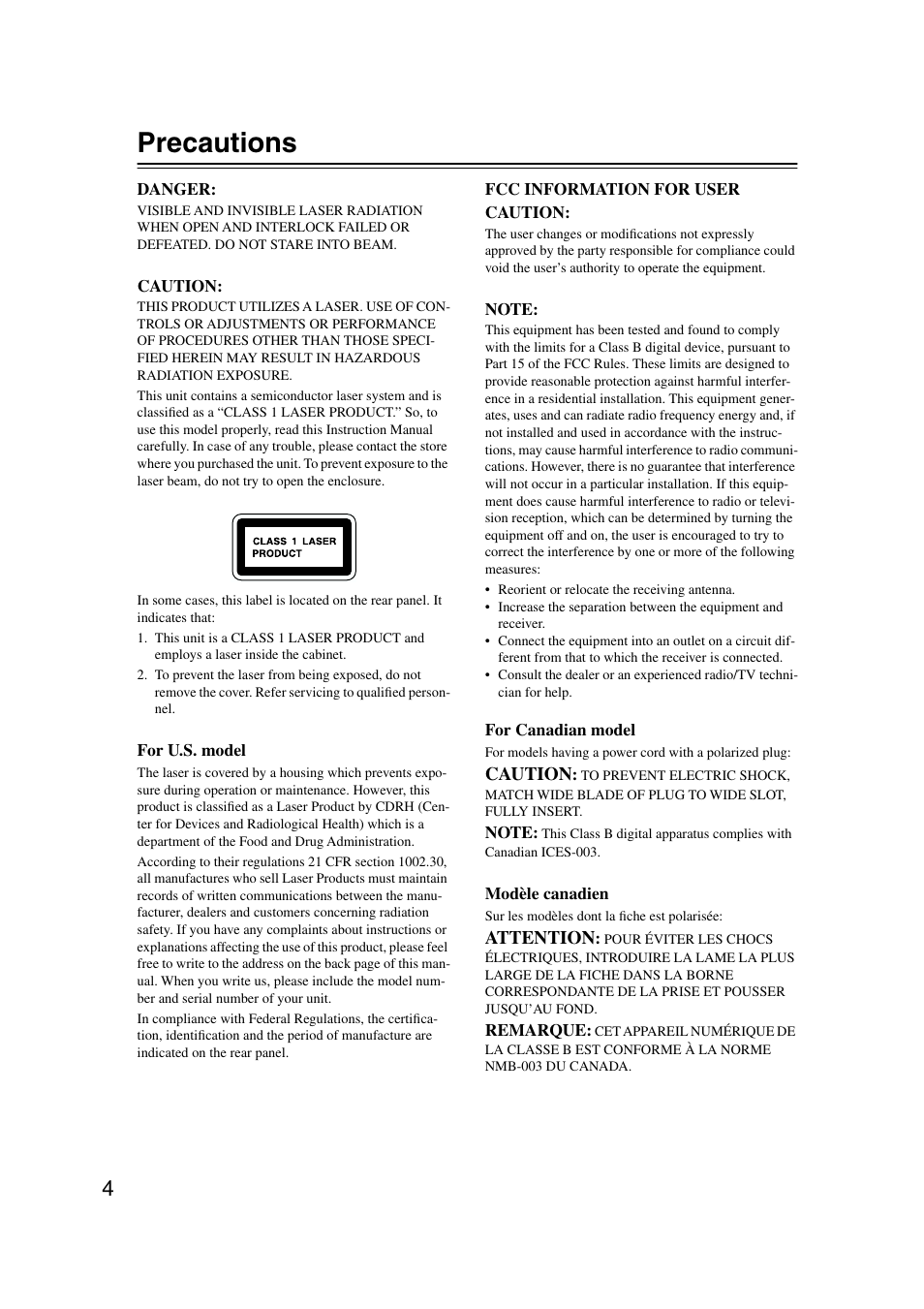 Precautions, Caution, Attention | Onkyo DV-CP802 User Manual | Page 4 / 69