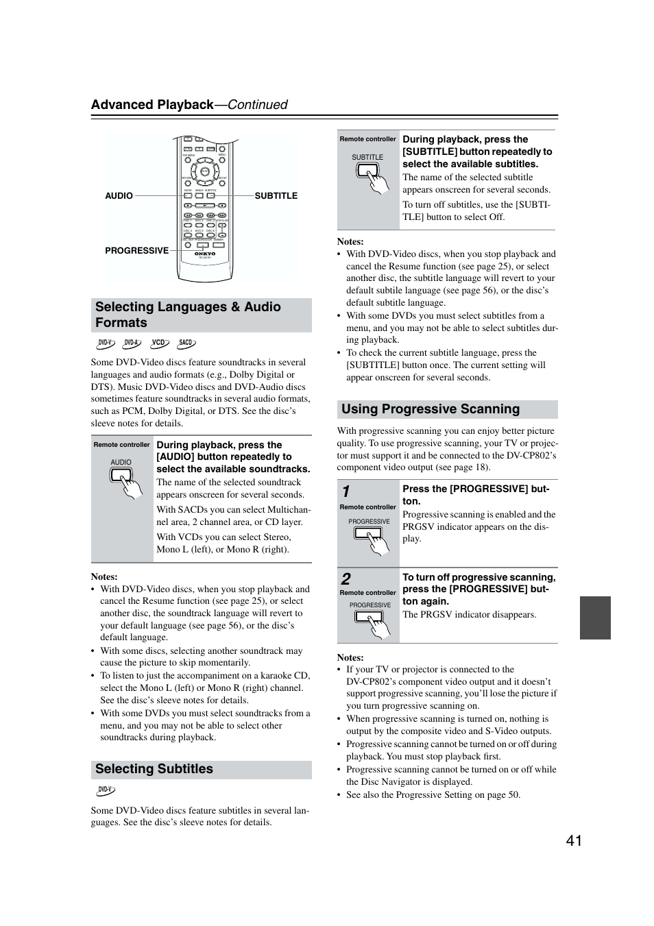 Selecting languages & audio formats, Selecting subtitles, Using progressive scanning | Advanced playback —continued | Onkyo DV-CP802 User Manual | Page 41 / 69