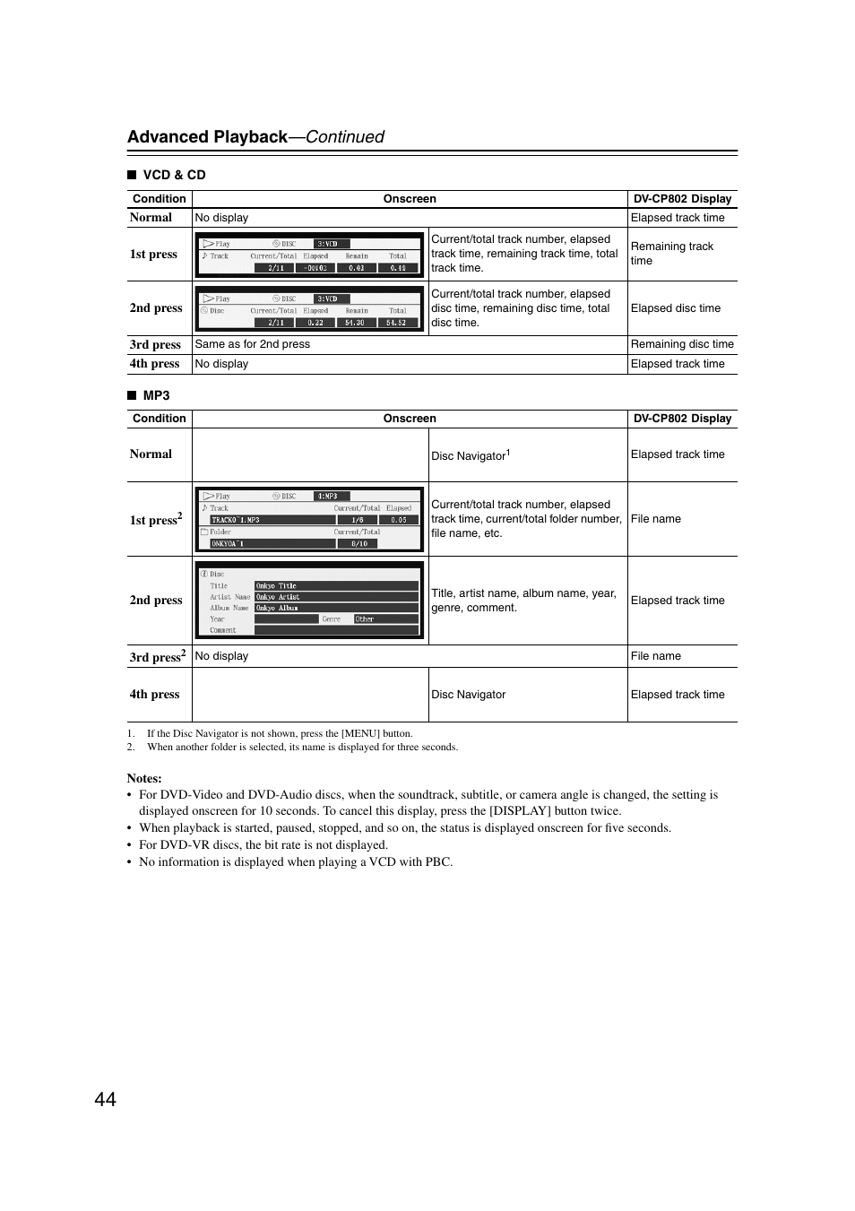 Advanced playback —continued | Onkyo DV-CP802 User Manual | Page 44 / 69