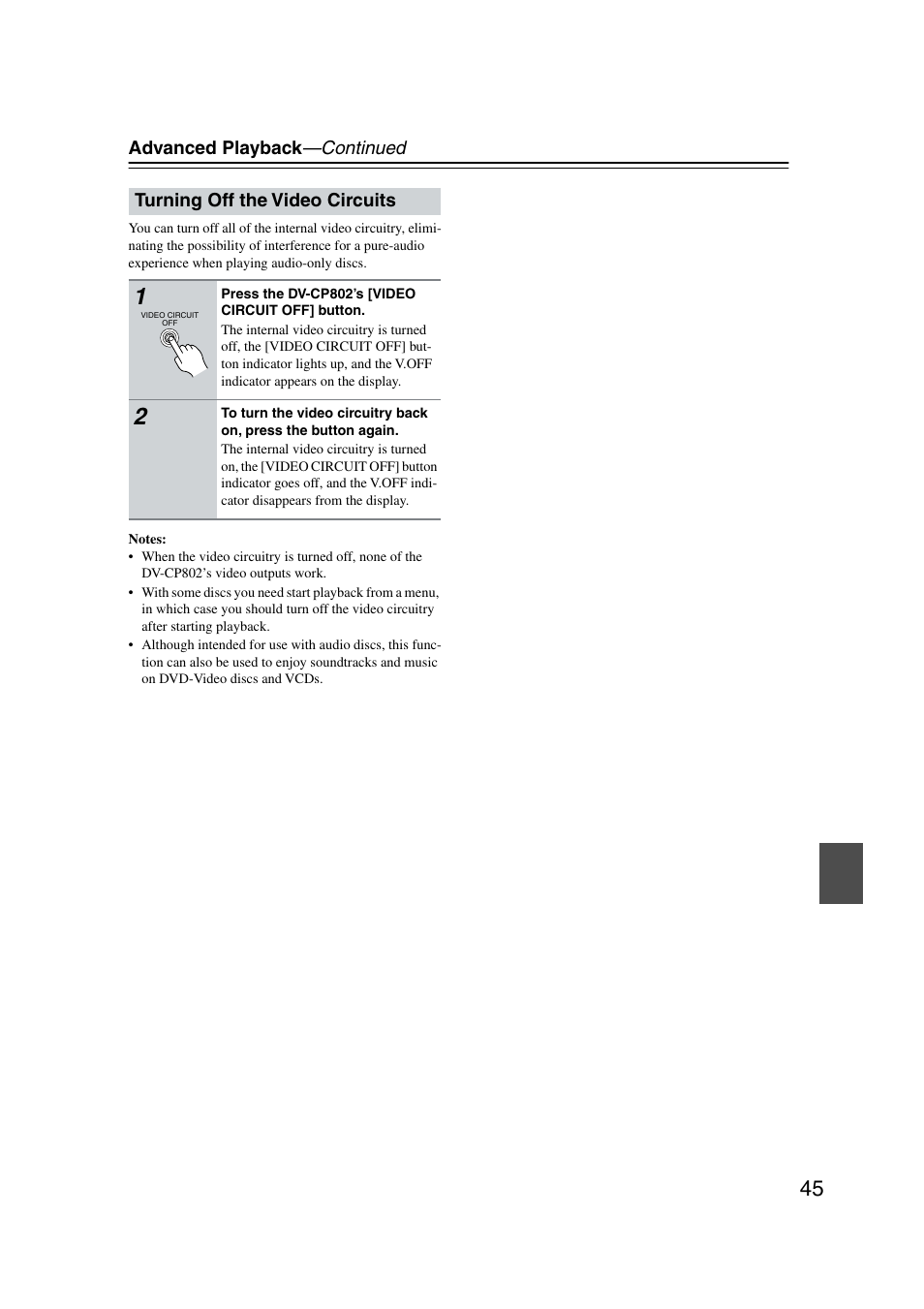 Turning off the video circuits | Onkyo DV-CP802 User Manual | Page 45 / 69