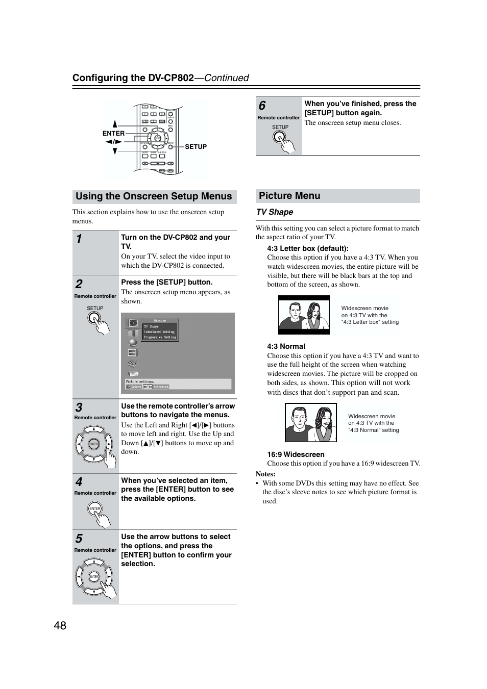 Using the onscreen setup menus, Picture menu, Conﬁguring the dv-cp802 —continued | Tv shape | Onkyo DV-CP802 User Manual | Page 48 / 69