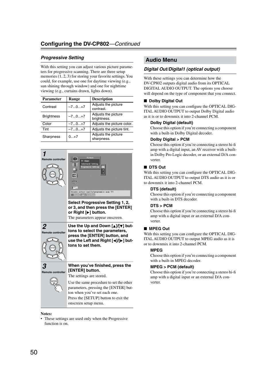 Audio menu, Conﬁguring the dv-cp802 —continued | Onkyo DV-CP802 User Manual | Page 50 / 69
