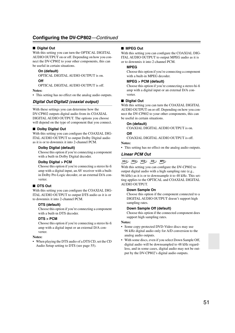 Conﬁguring the dv-cp802 —continued | Onkyo DV-CP802 User Manual | Page 51 / 69