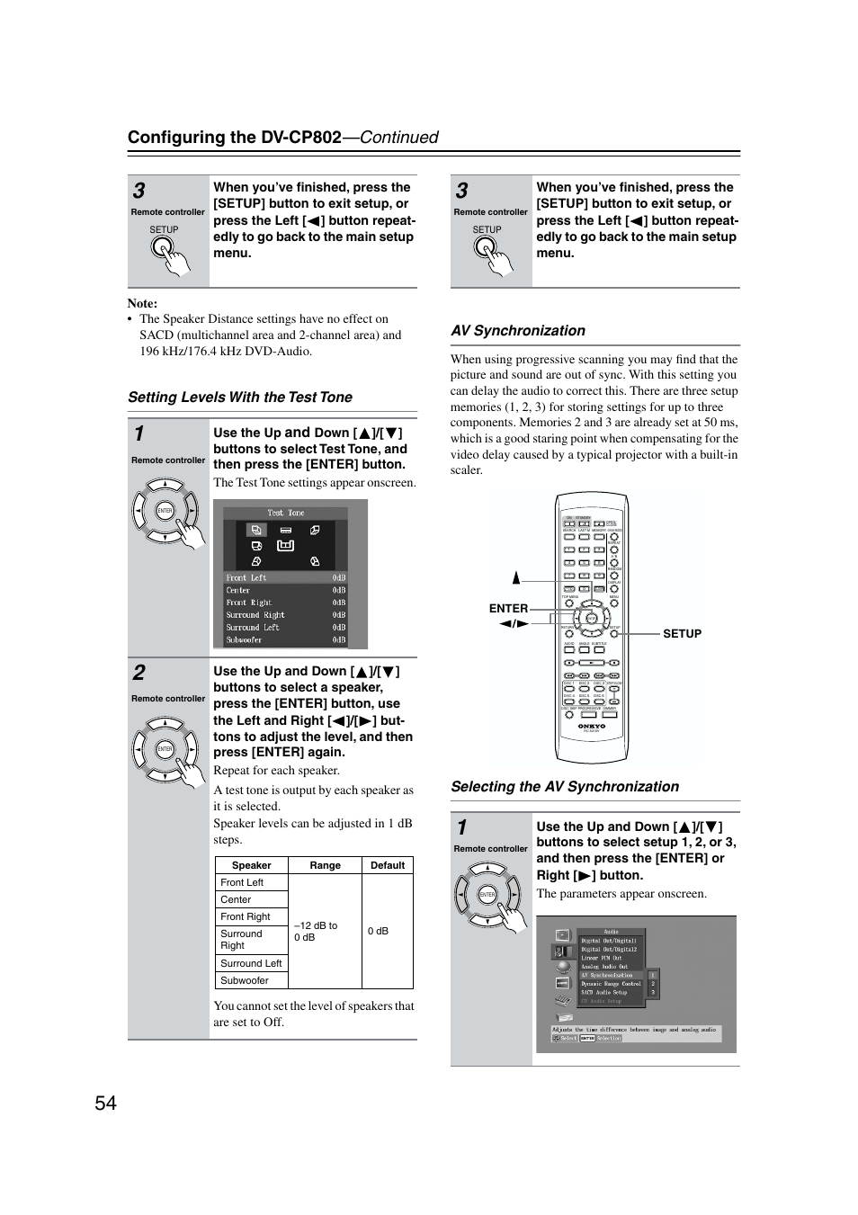 Conﬁguring the dv-cp802 —continued, Selecting the av synchronization, Use the up | Onkyo DV-CP802 User Manual | Page 54 / 69