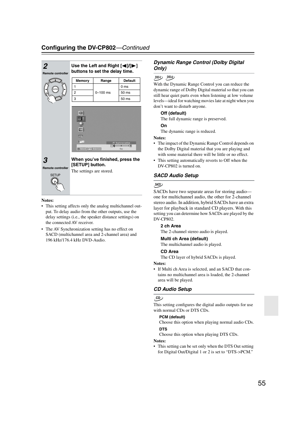 Conﬁguring the dv-cp802 —continued | Onkyo DV-CP802 User Manual | Page 55 / 69