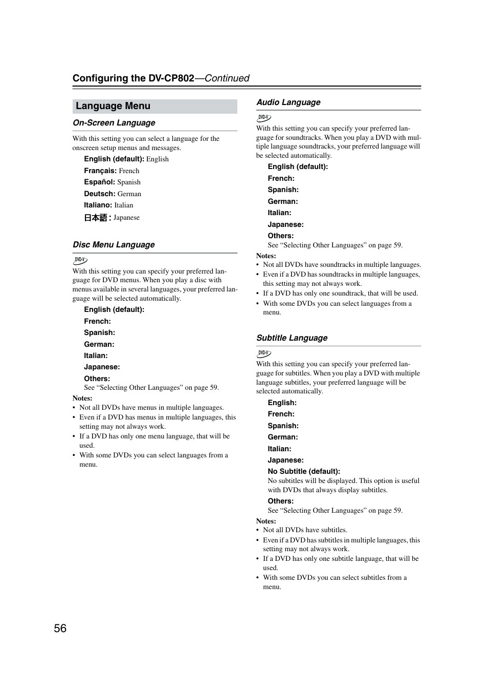Language menu, Conﬁguring the dv-cp802 —continued | Onkyo DV-CP802 User Manual | Page 56 / 69