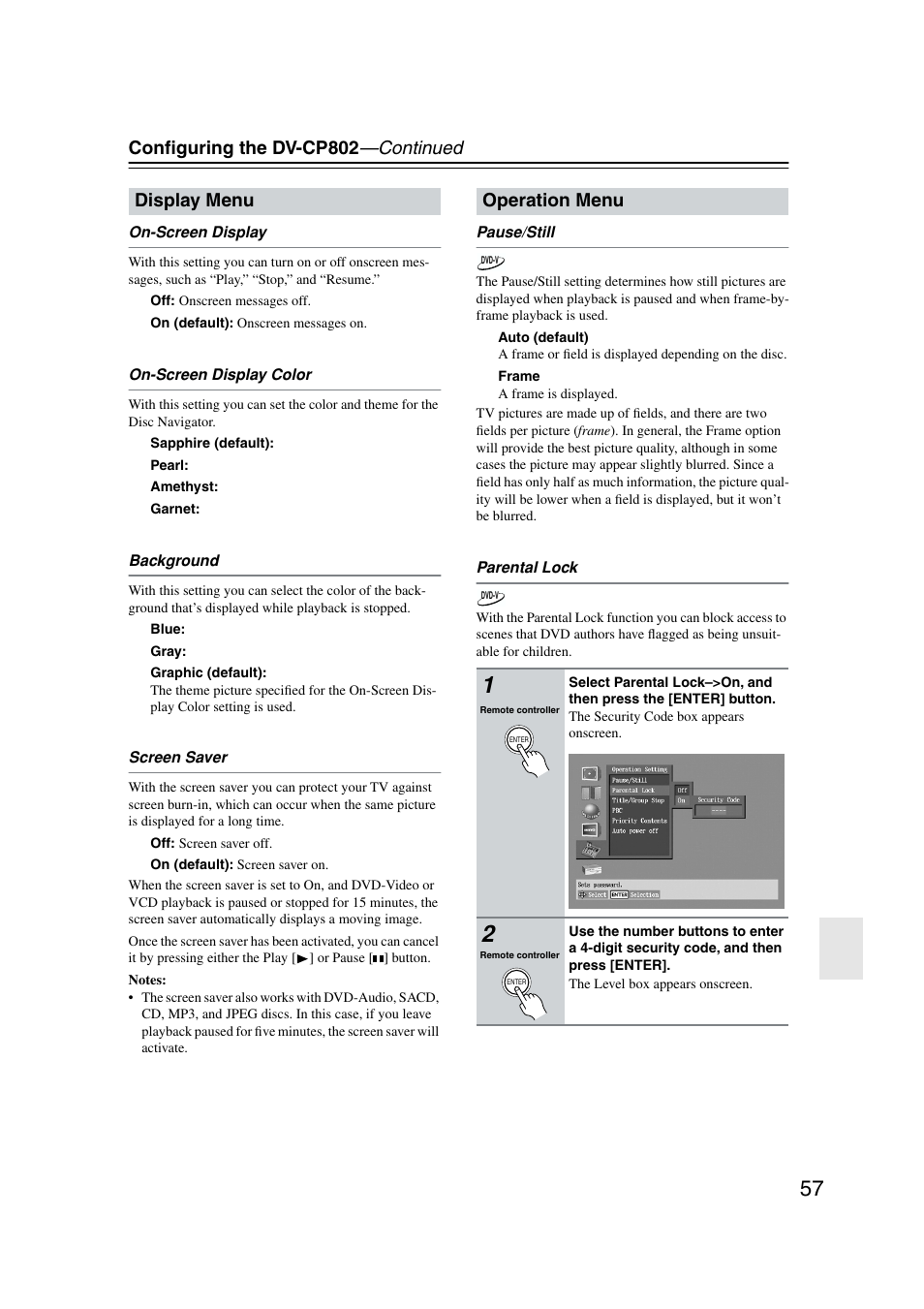 Display menu, Operation menu, Conﬁguring the dv-cp802 —continued | Display menu operation menu | Onkyo DV-CP802 User Manual | Page 57 / 69
