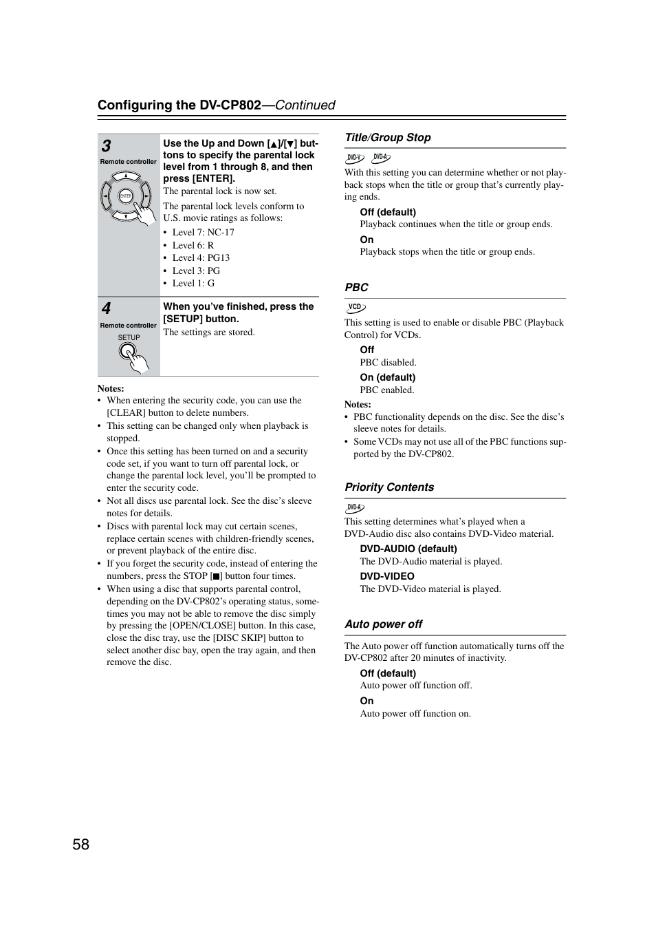 Conﬁguring the dv-cp802 —continued | Onkyo DV-CP802 User Manual | Page 58 / 69