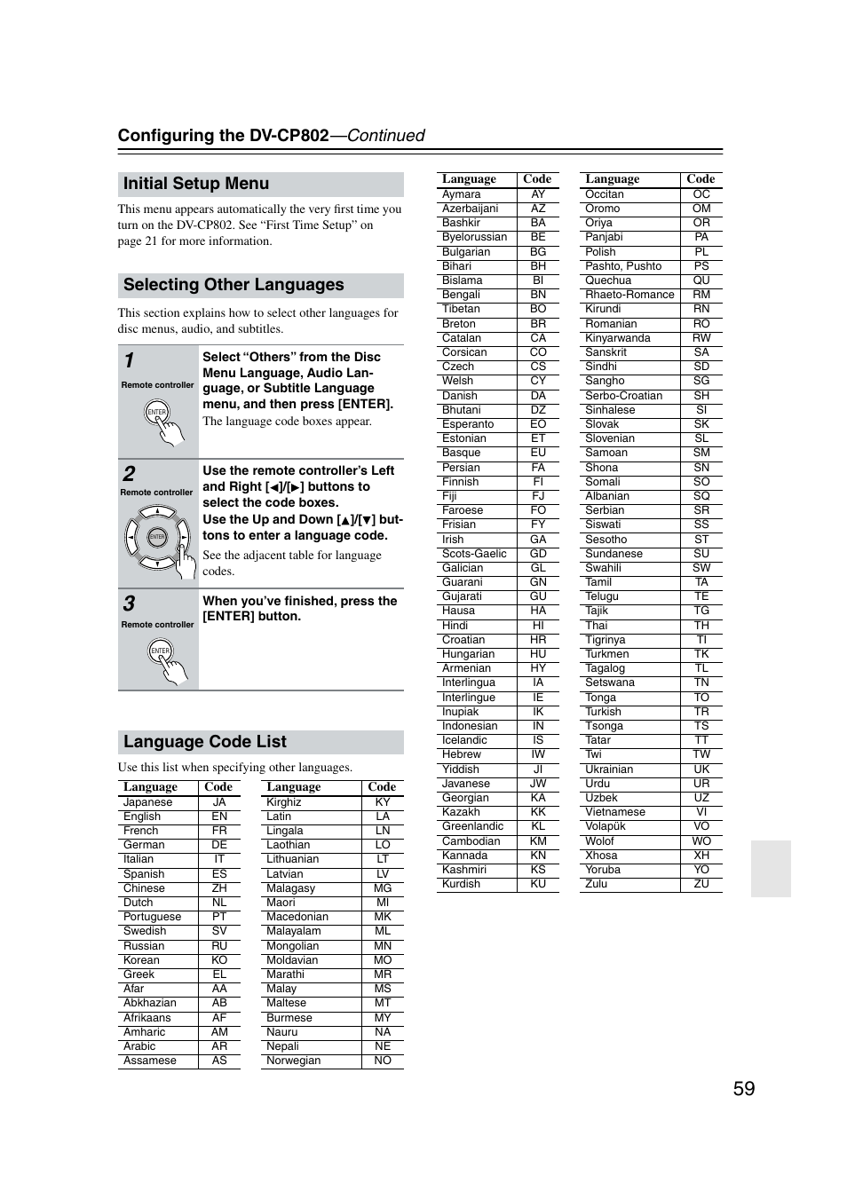 Initial setup menu, Selecting other languages, Language code list | Conﬁguring the dv-cp802 —continued, Initial setup menu selecting other languages | Onkyo DV-CP802 User Manual | Page 59 / 69