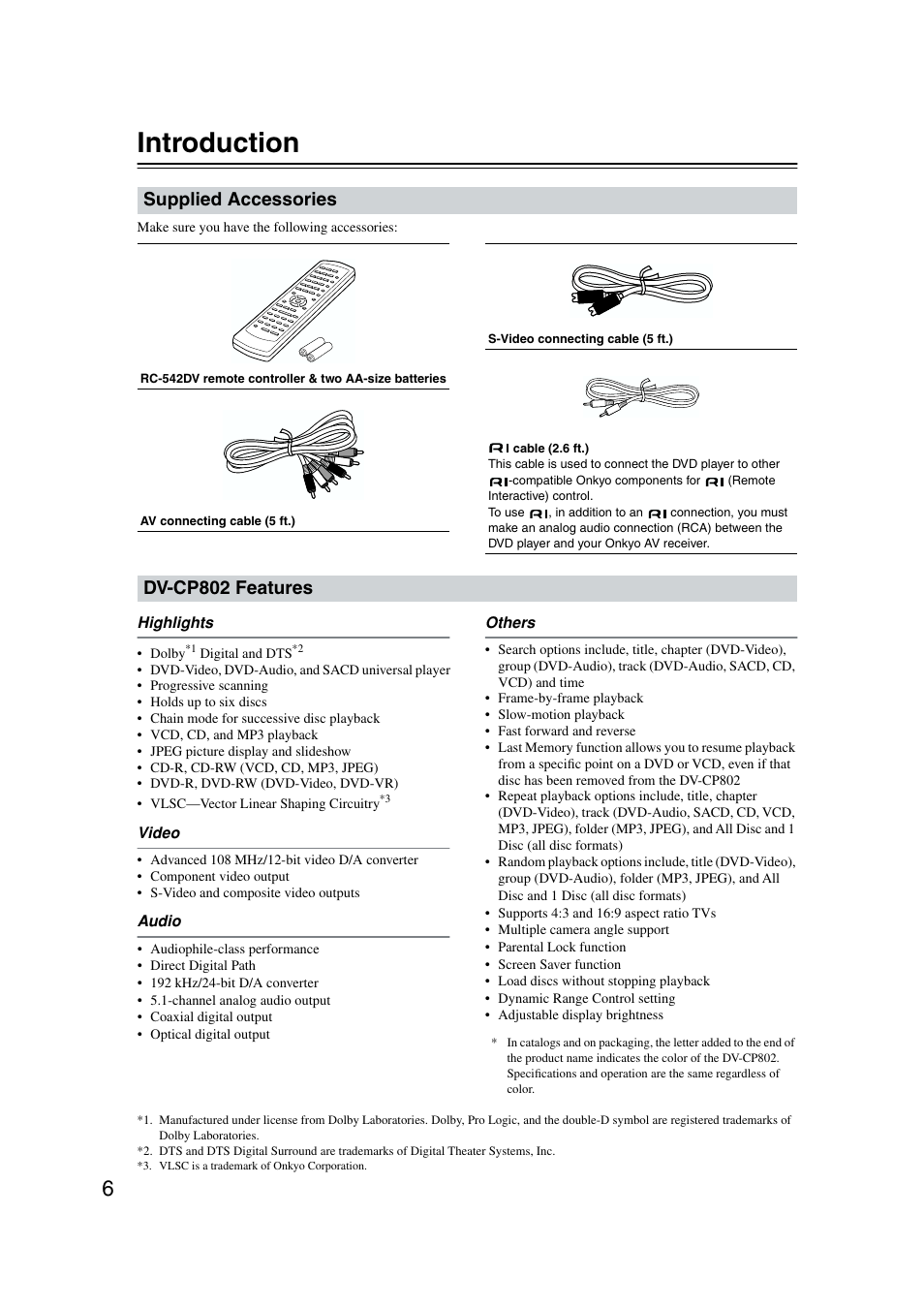Supplied accessories, Features, Introduction | Dv-cp802 features | Onkyo DV-CP802 User Manual | Page 6 / 69