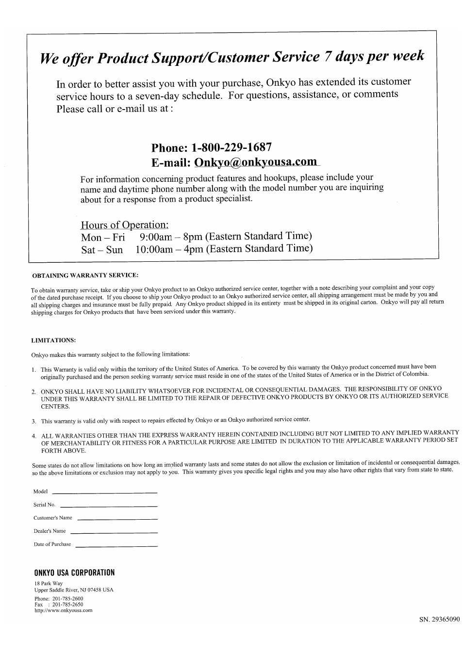 Warranty | Onkyo DV-CP802 User Manual | Page 67 / 69