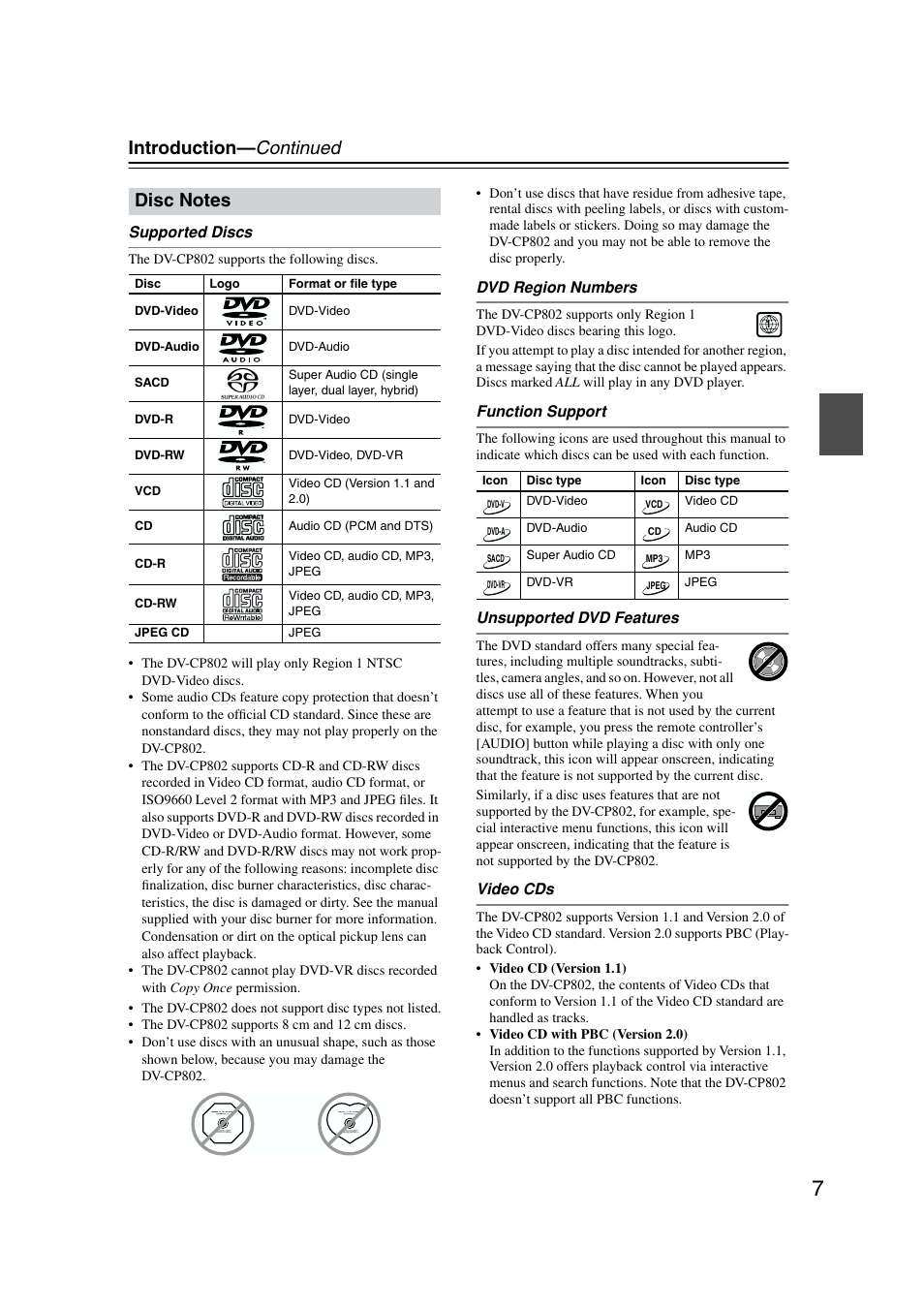 Disc compatibility, Introduction— continued | Onkyo DV-CP802 User Manual | Page 7 / 69