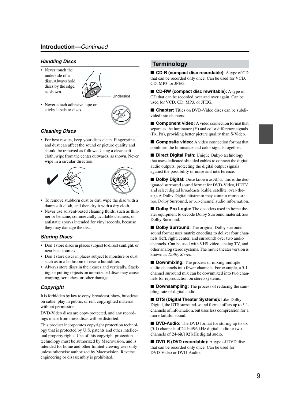 Introduction— continued, Terminology | Onkyo DV-CP802 User Manual | Page 9 / 69
