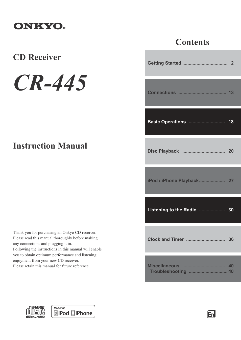 Onkyo CR-445 User Manual | 44 pages