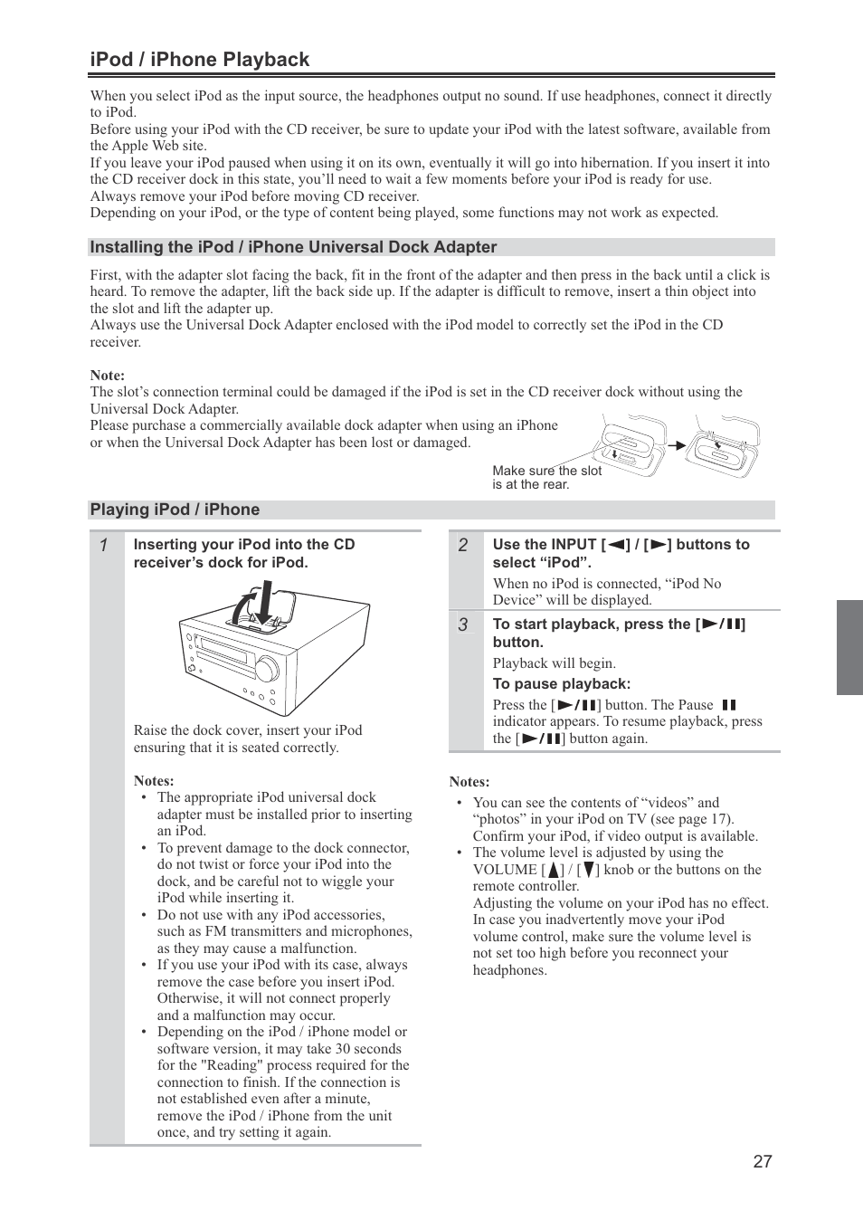 Ipod / iphone playback | Onkyo CR-445 User Manual | Page 27 / 44