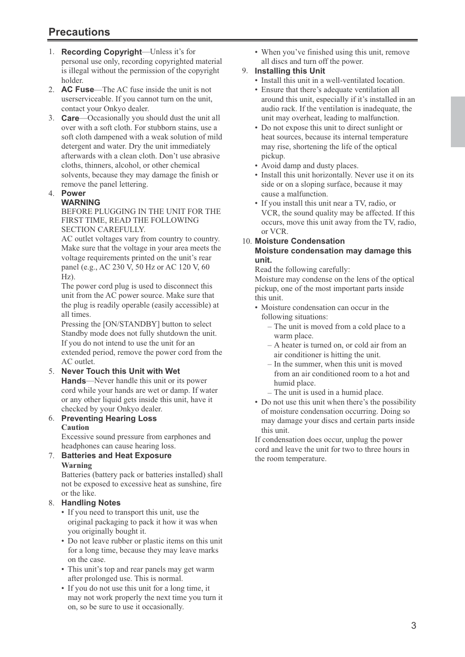 Precautions | Onkyo CR-445 User Manual | Page 3 / 44