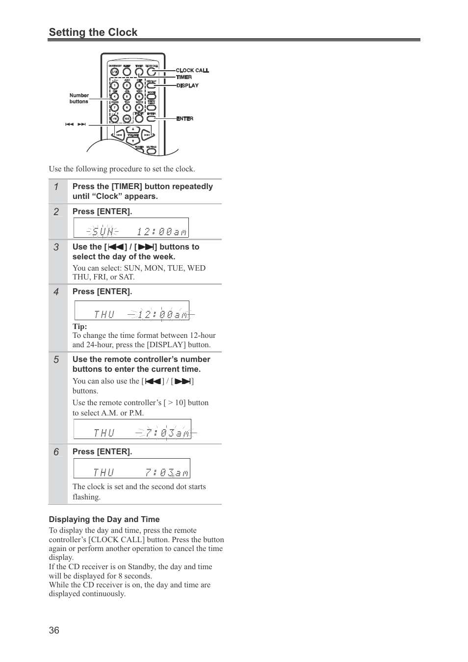 Setting the clock | Onkyo CR-445 User Manual | Page 36 / 44