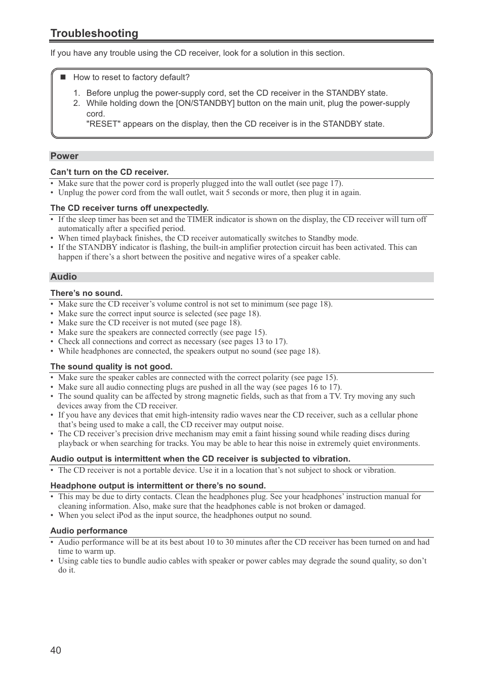 Troubleshooting | Onkyo CR-445 User Manual | Page 40 / 44