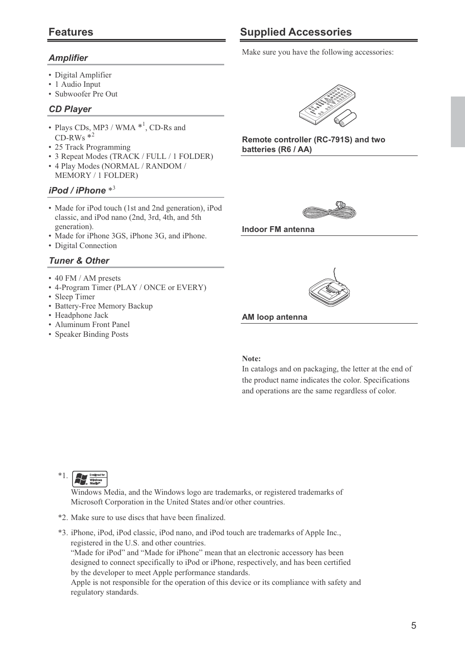Features supplied accessories | Onkyo CR-445 User Manual | Page 5 / 44