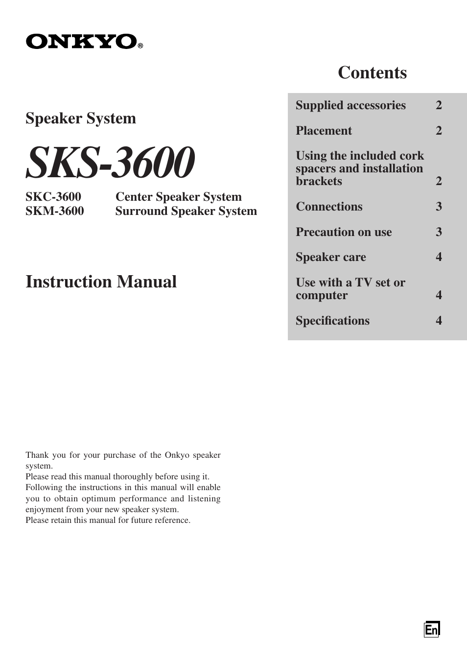 Onkyo SKM-3600 User Manual | 4 pages