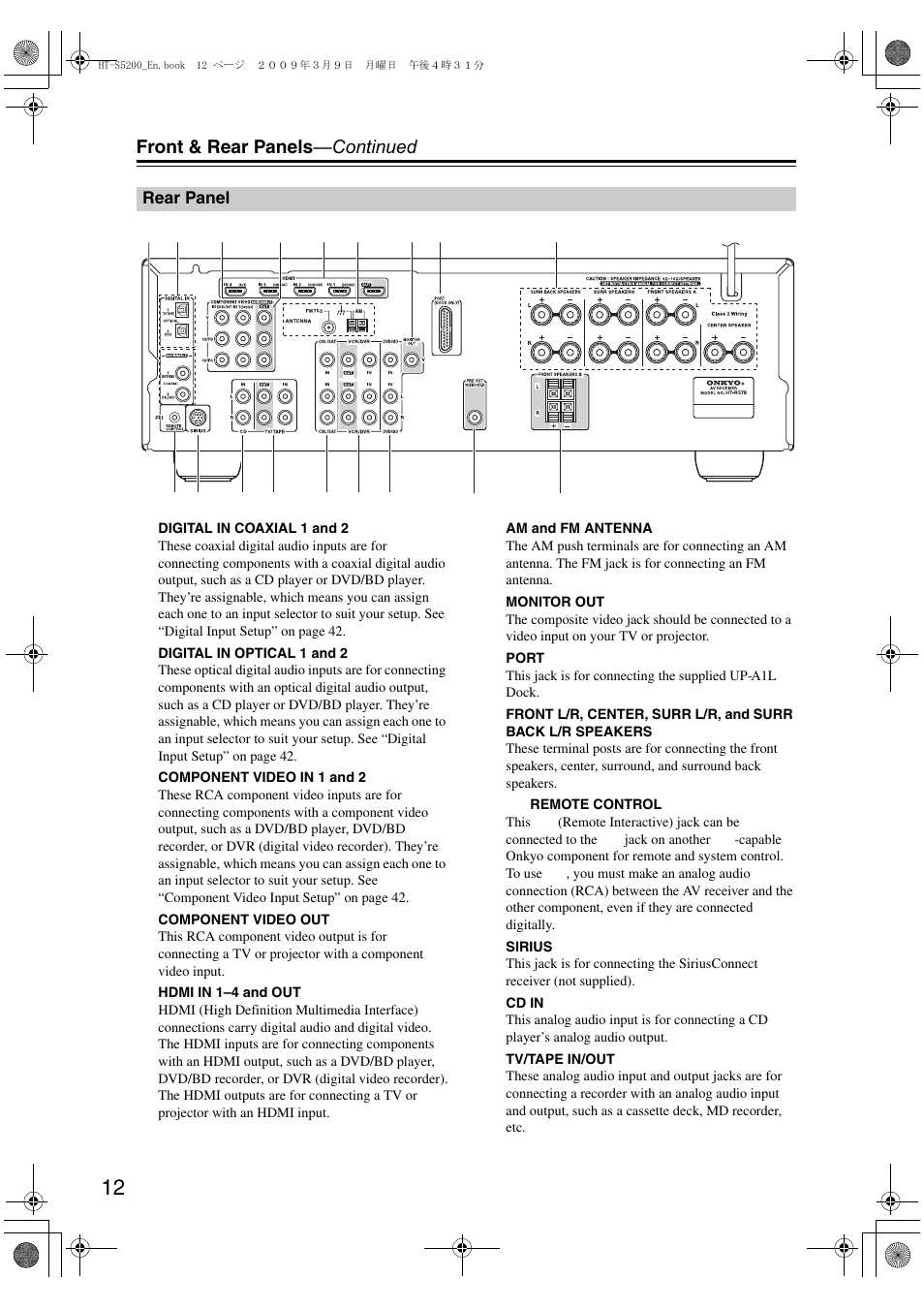 Rear panel, Front & rear panels —continued | Onkyo 29344934 User Manual | Page 12 / 92