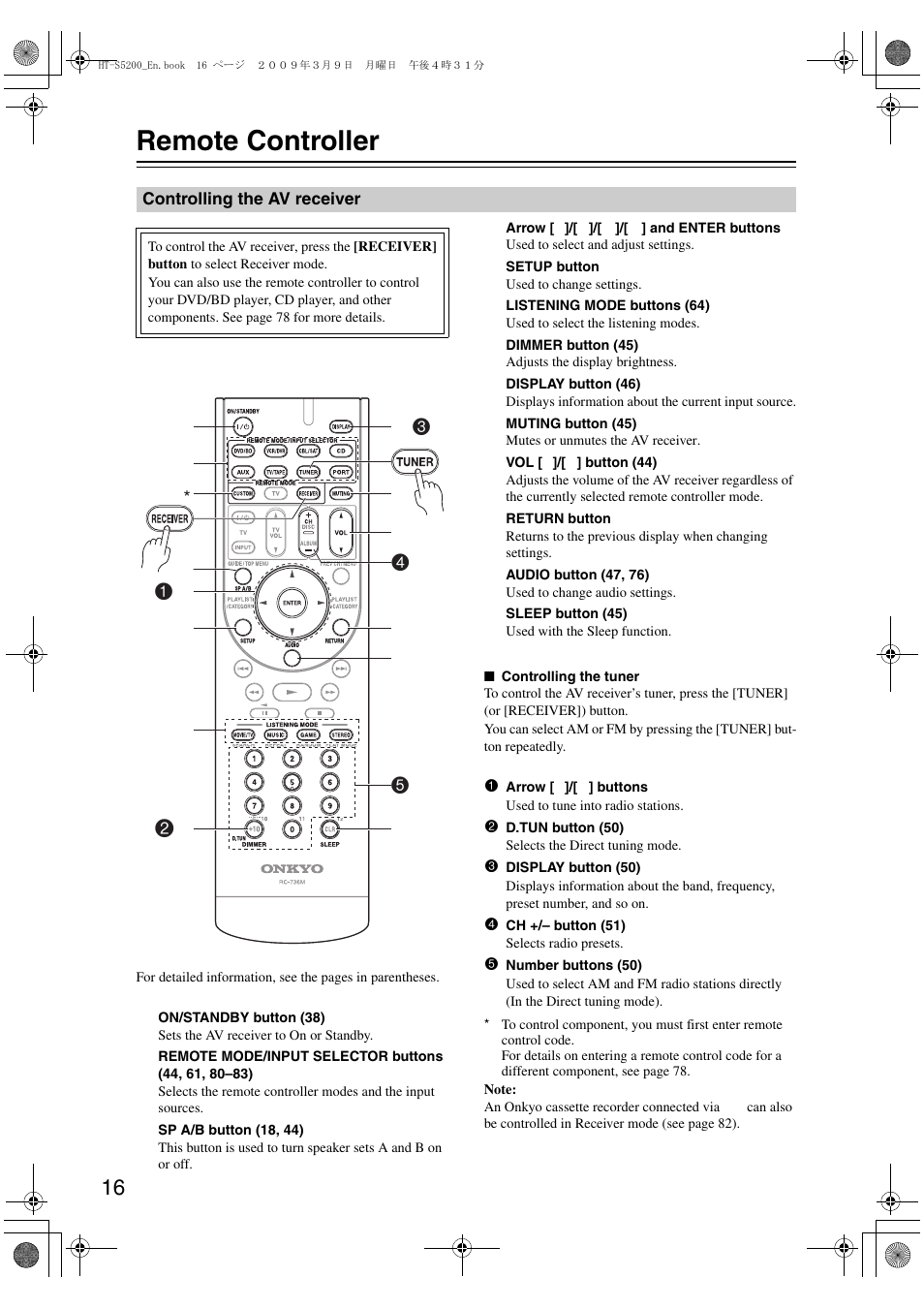 Remote controller, Controlling the av receiver | Onkyo 29344934 User Manual | Page 16 / 92