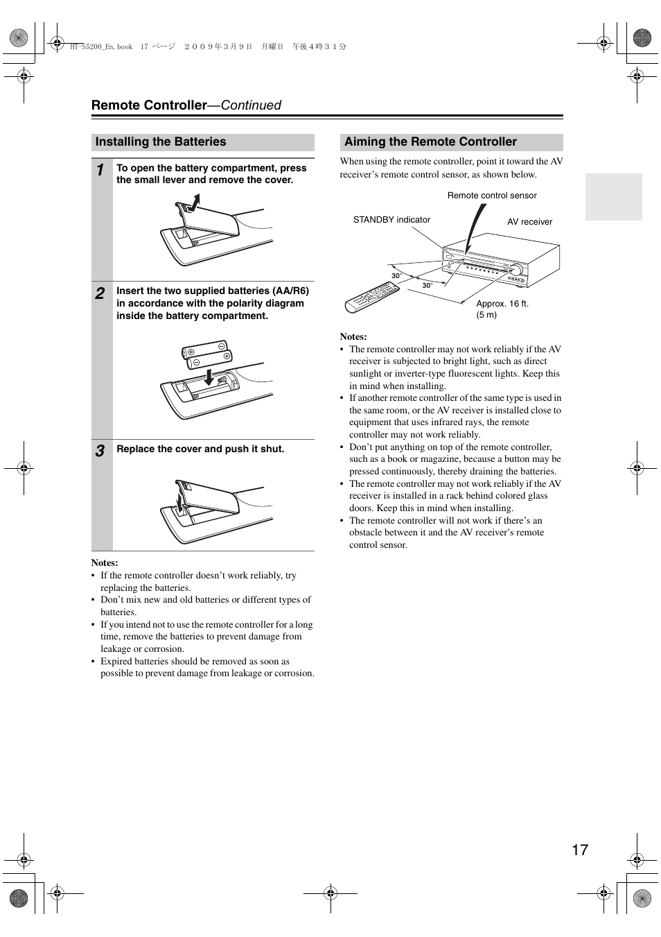 Installing the batteries, Aiming the remote controller, Remote controller —continued | Onkyo 29344934 User Manual | Page 17 / 92