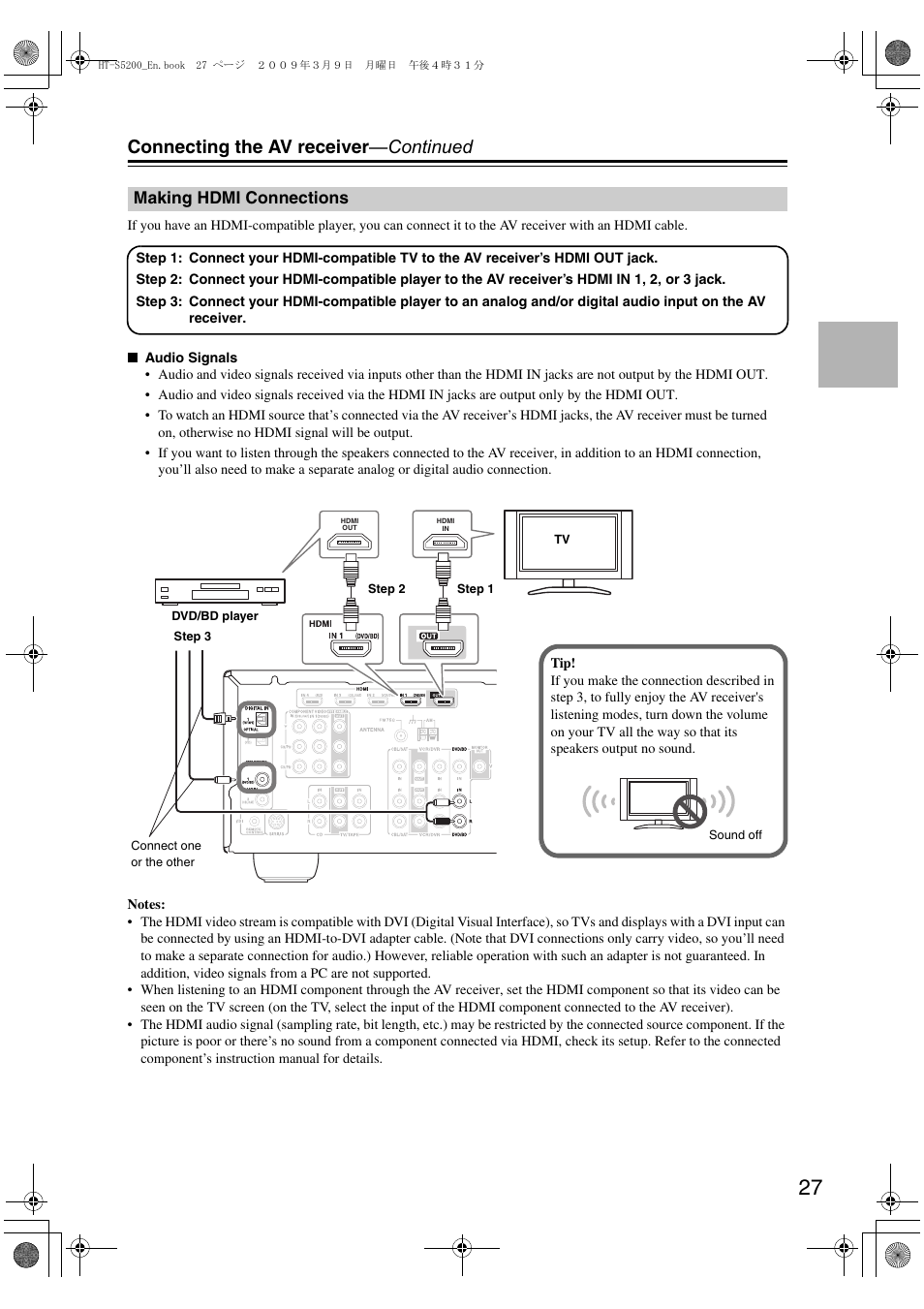 Making hdmi connections, Connecting the av receiver —continued | Onkyo 29344934 User Manual | Page 27 / 92