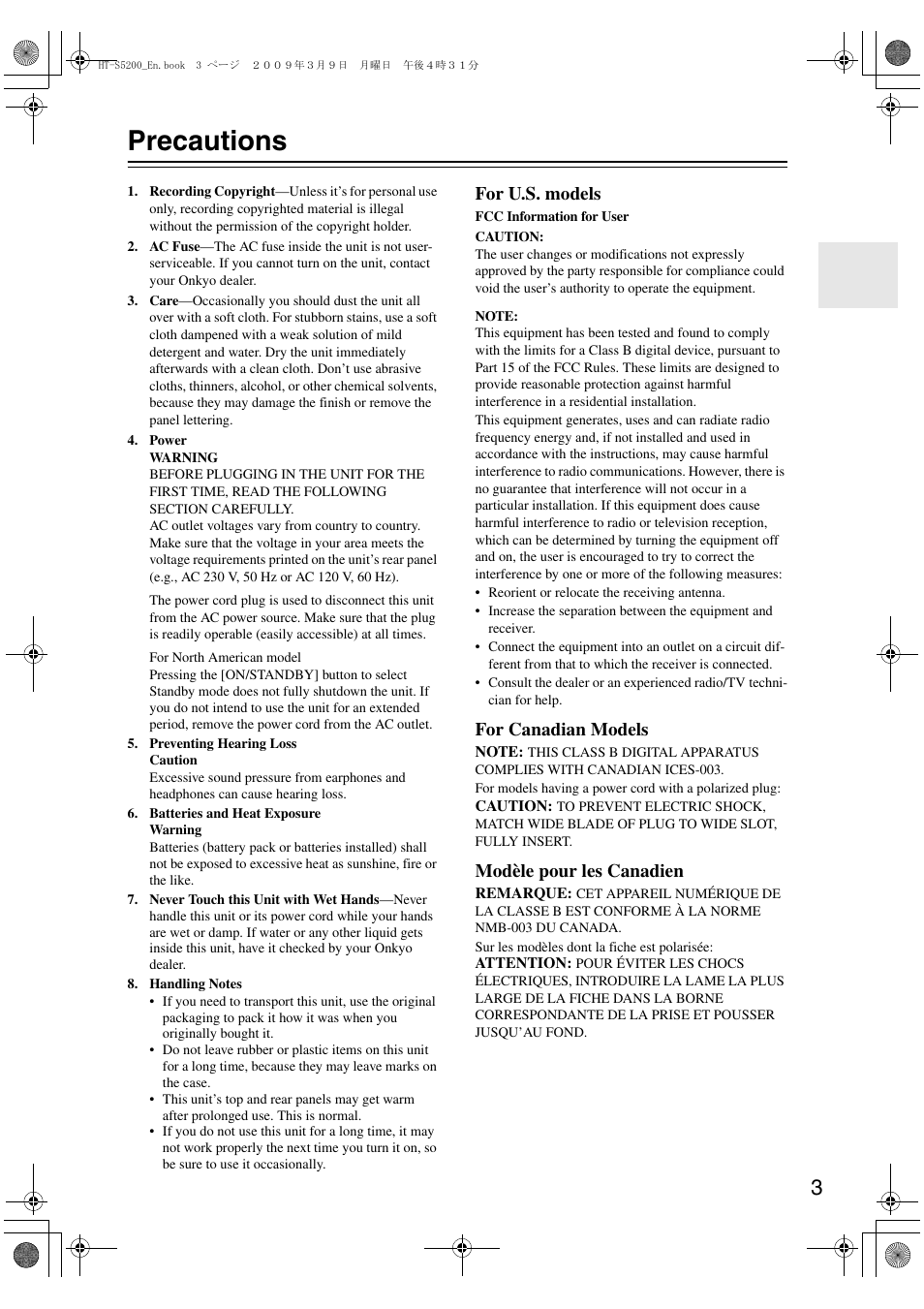Precautions, For u.s. models, For canadian models | Modèle pour les canadien | Onkyo 29344934 User Manual | Page 3 / 92
