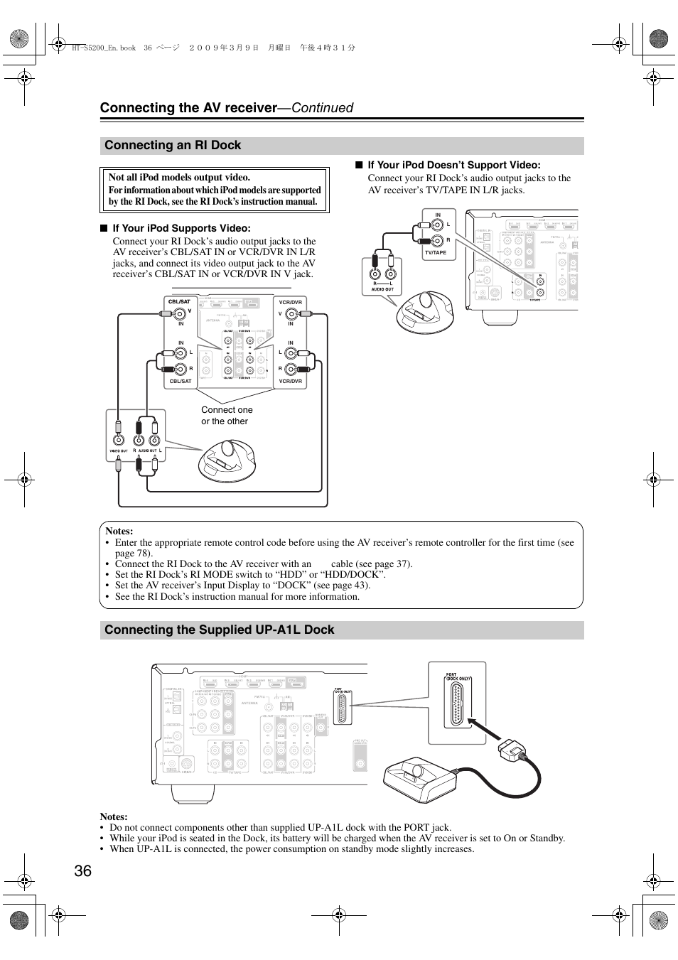 Connecting an ri dock, Connecting the supplied up-a1l dock, Connecting the av receiver —continued | Onkyo 29344934 User Manual | Page 36 / 92