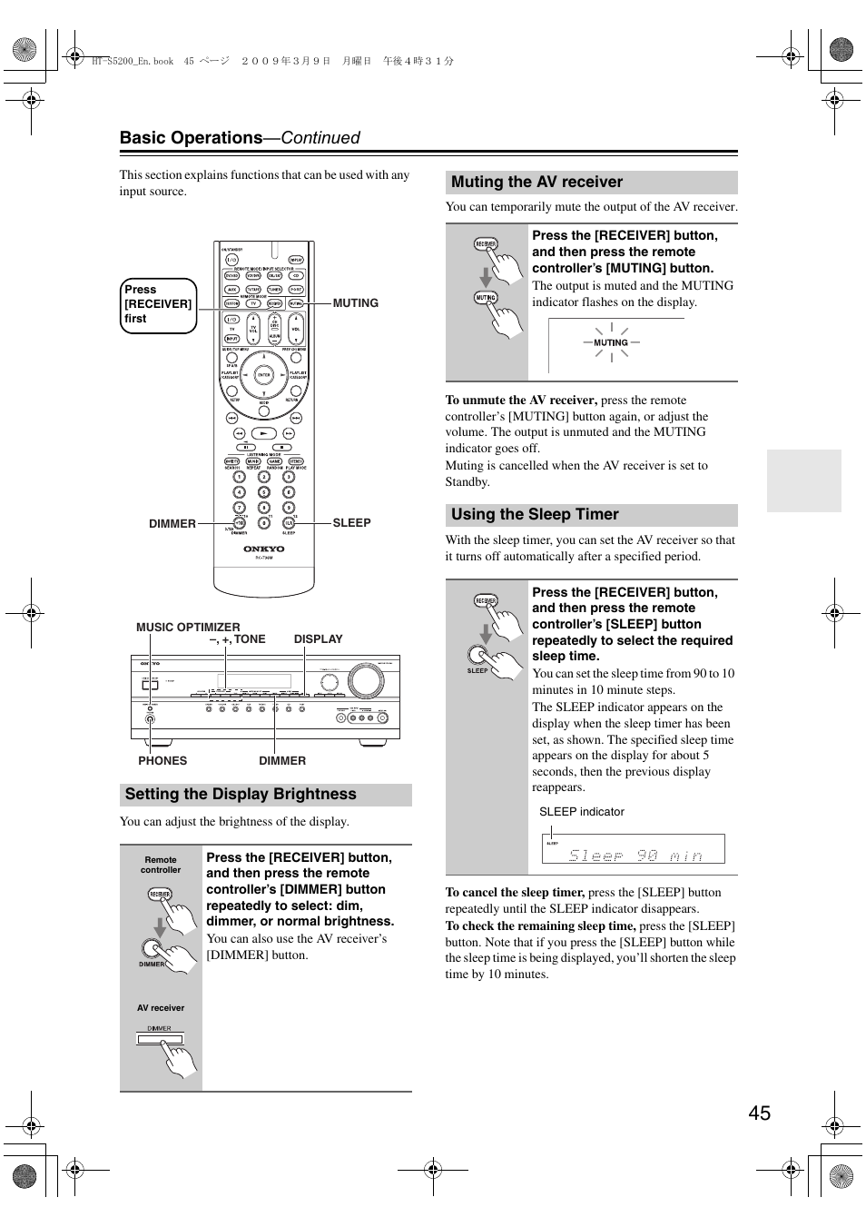 Setting the display brightness, Muting the av receiver, Using the sleep timer | Basic operations —continued | Onkyo 29344934 User Manual | Page 45 / 92