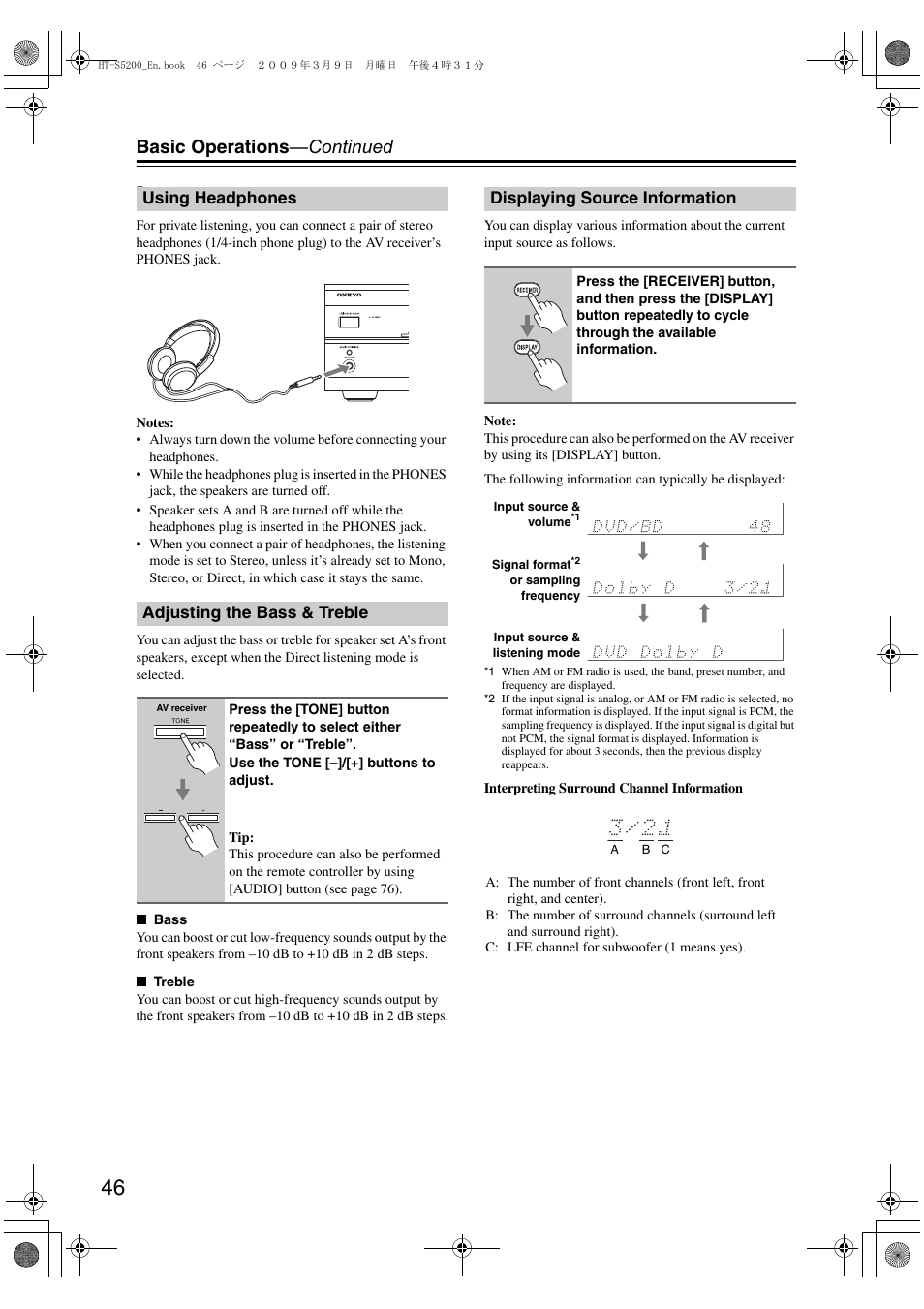 Using headphones, Adjusting the bass & treble, Displaying source information | Tton (46, 50), Basic operations —continued | Onkyo 29344934 User Manual | Page 46 / 92