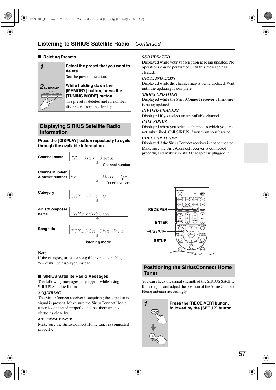 Displaying sirius satellite radio information, Positioning the siriusconnect home tuner, Listening to sirius satellite radio —continued | Onkyo 29344934 User Manual | Page 57 / 92