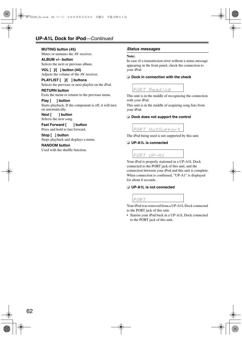 Up-a1l dock for ipod —continued | Onkyo 29344934 User Manual | Page 62 / 92