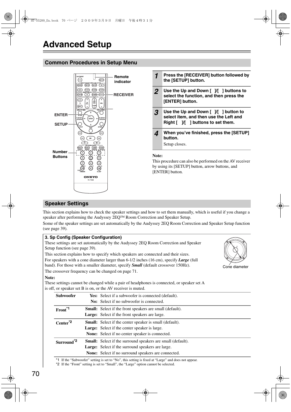 Advanced setup, Common procedures in setup menu, Speaker settings | Common procedures in setup menu speaker settings | Onkyo 29344934 User Manual | Page 70 / 92