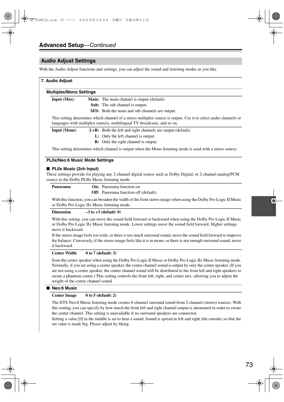 Audio adjust settings, Advanced setup —continued | Onkyo 29344934 User Manual | Page 73 / 92